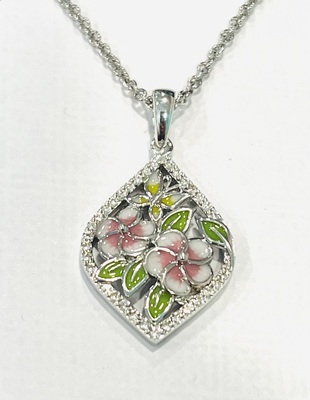 photo number one of Sterling silver white topaz and enamel flower pendant on 18'' adjustable chain item 001-109-00323