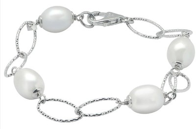 photo number one of 7'' sterling silver oval link freshwater pearl bracelet item 001-620-00338