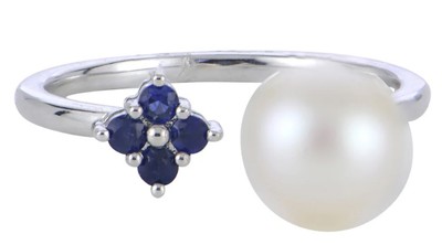 photo number one of 14 karat white gold 7.5-8mm AA quality freshwater cultured pearl and blue sapphire ring item 001-625-00046
