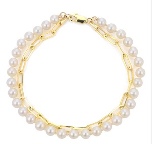 photo of 14 karat yellow gold paperclip and freshwater pearl 8'' double strand bracelet item 001-620-00341