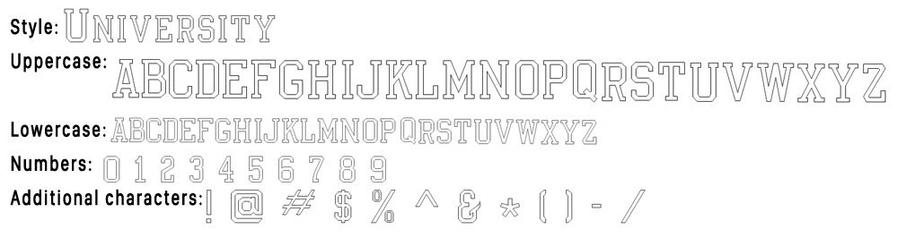 University font sample for engraving jewelry and gifts