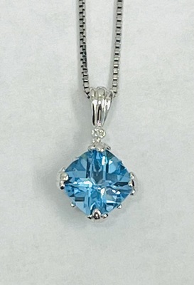 photo number one of 18'' sterling silver box chain with blue topaz and diamond accent pendant item 001-230-01218