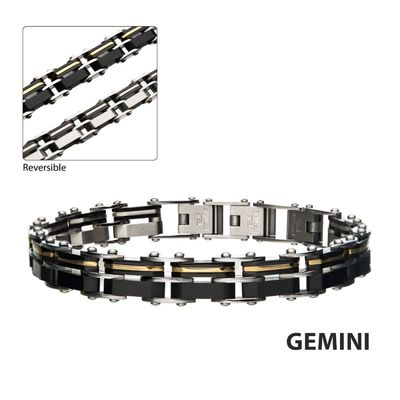 photo number one of Men's Stainless Steel Gold IP & Black IP Reversible Bracelet with Fold Over Clasp, 7.75