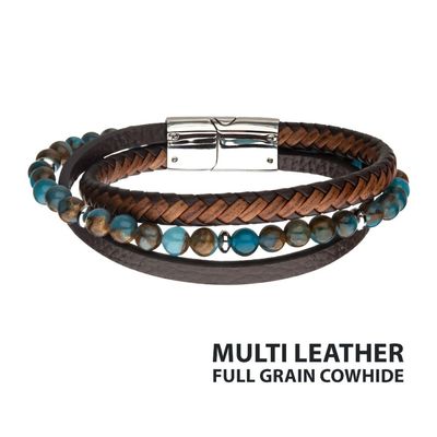 photo number one of Men's Stainless Steel Chrysocolla Beads with Brown Full Grain Cowhide Leather Layered Bracelet with Slide Magnetic Clasp, 8