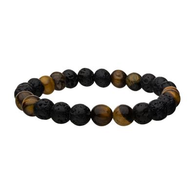 photo number one of Men's Stainless Steel 25 pcs Lava and Tiger Eye Yellow 8mm Beads Bracelet, 8