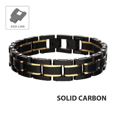 photo number one of Black Carbon Fiber with Gold IP Link with Fold Over Clasp Bracelet, 8.25 