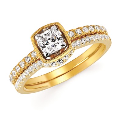 photo number one of 14 karat yellow gold two ring wedding set with 0.32 carat total accent diamonds. Center Diamond 0.50 carat with I1 Clarity and G/H Color item 001-423-00026
