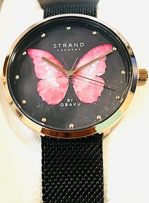 photo number one of Ladies black mesh band with rose bezel and pink butterfly dial Strand Obaku watch item 001-820-00378