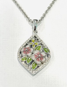 photo of Sterling silver white topaz and enamel flower pendant on 18'' adjustable chain item 001-109-00323