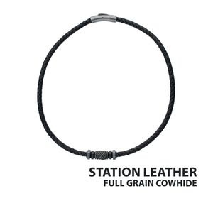 photo of Black Full Grain Cowhide Leather Braided Necklace with Gun Metal Beads with Tubular Press Clasp item 001-325-00194