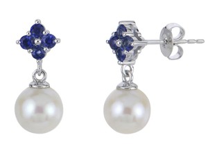 photo of 14 karat white gold 6.5mm-7mm freshwater cultured pearl and blue sapphire earrings item 001-615-00625